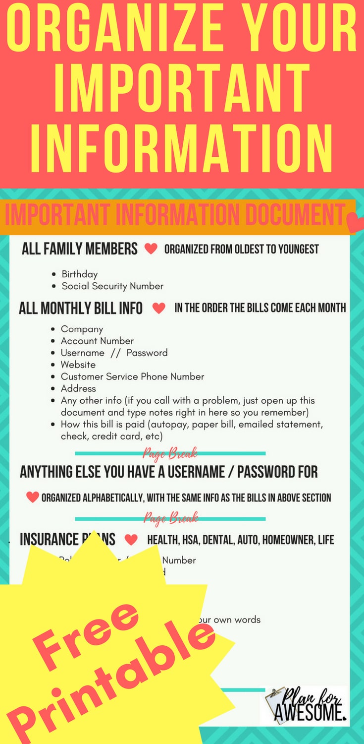 FREE PRINTABLE - Important Information Document - a comprehensive list of all your important accounts, usernames, and passwords - I love how this girl is so organized, and breaks it down into easy steps!