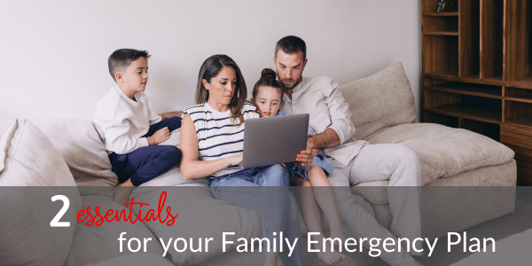 mom dad and two kids sitting on sofa creating their family emergency plan.