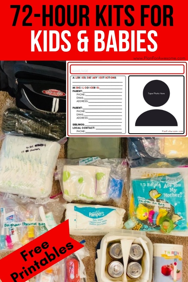 72-Hour Kits for Kids & Babies - Detailed, comprehensive, printable list of things to pack in a 72-hour kit for kids and/or babies. Printable Emergency Information Card to fill out and stick in your child's bag in case you are separated - PlanForAwesome