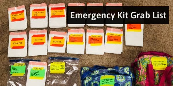 items from an emergency kit grab list laid out on floor.