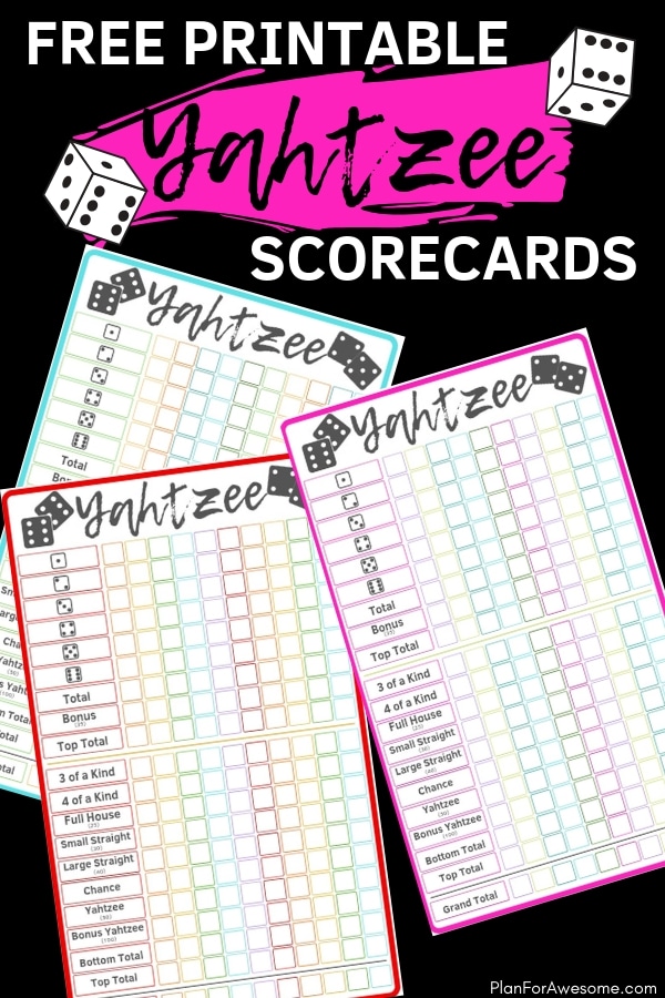Free Printable YAHTZEE Scorecards - Bright & Colorful for Kids & Adults - Adorable bright & colorful free printable Yahtzee scorecards, available in 3 different color schemes. Perfect for summer fun, road trips, or 72-hour kits!  Great boredom buster for kids and adults! -PlanForAwesome