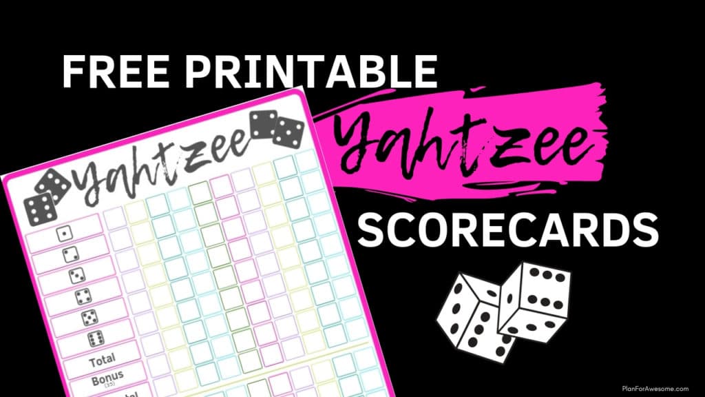 Free Printable YAHTZEE Scorecards - Bright & Colorful for Kids & Adults - Adorable bright & colorful free printable Yahtzee scorecards, available in 3 different color schemes. Perfect for summer fun, road trips, or 72-hour kits! Great boredom buster for kids and adults! -PlanForAwesome