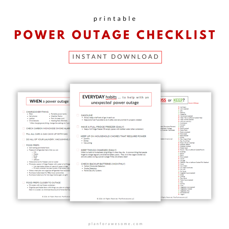 mockup of pages from power outage printable checklist.