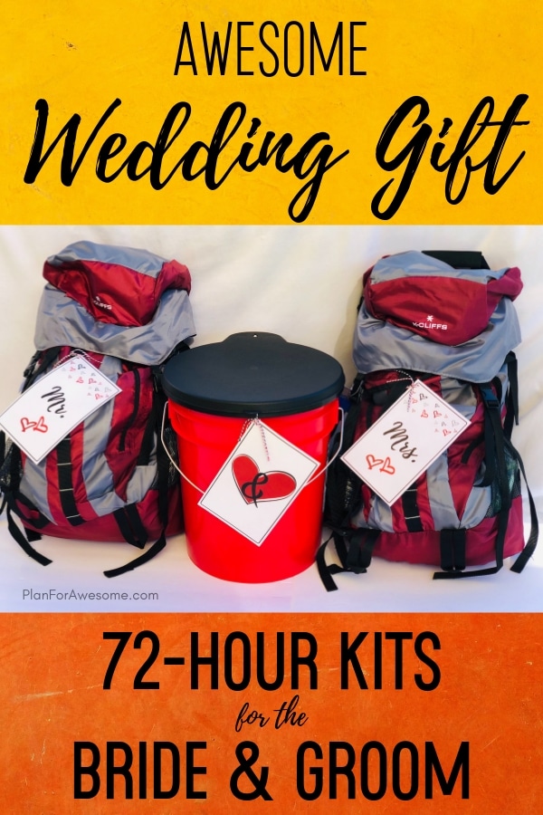 Awesome wedding gift idea to give newlyweds 72-hour kits!  Free printables too!