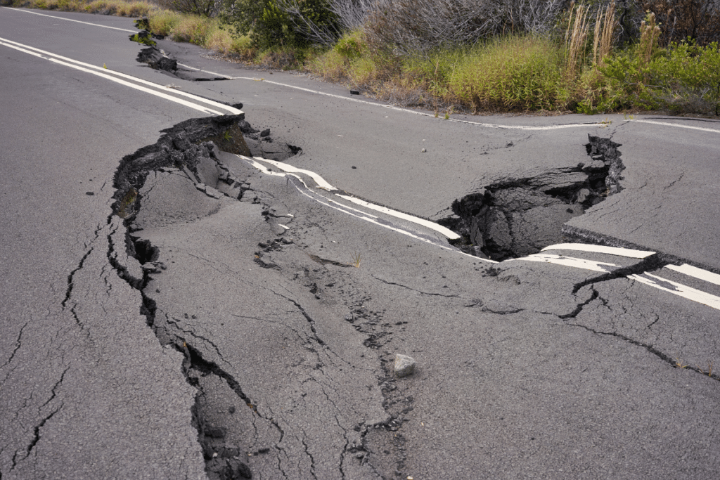 road damaged from an earthquake.