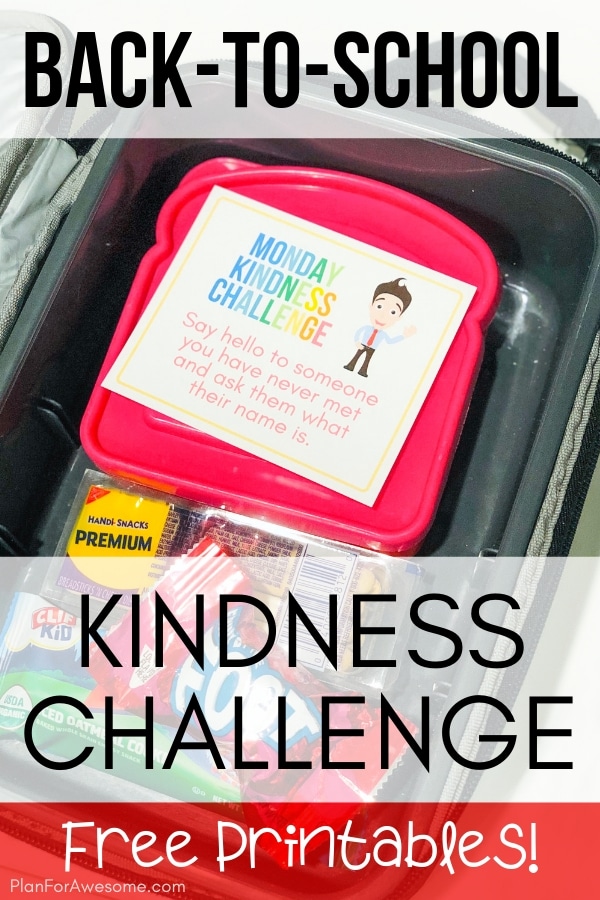 Back-to-School Free Printable Kindness Challenge! This is SO COOL and SO EASY to do the first week of school. The free printables include lunchbox reminders and textable images to remind your kids of that day's kindness task. LOVE THIS! #kindness #backtoschool