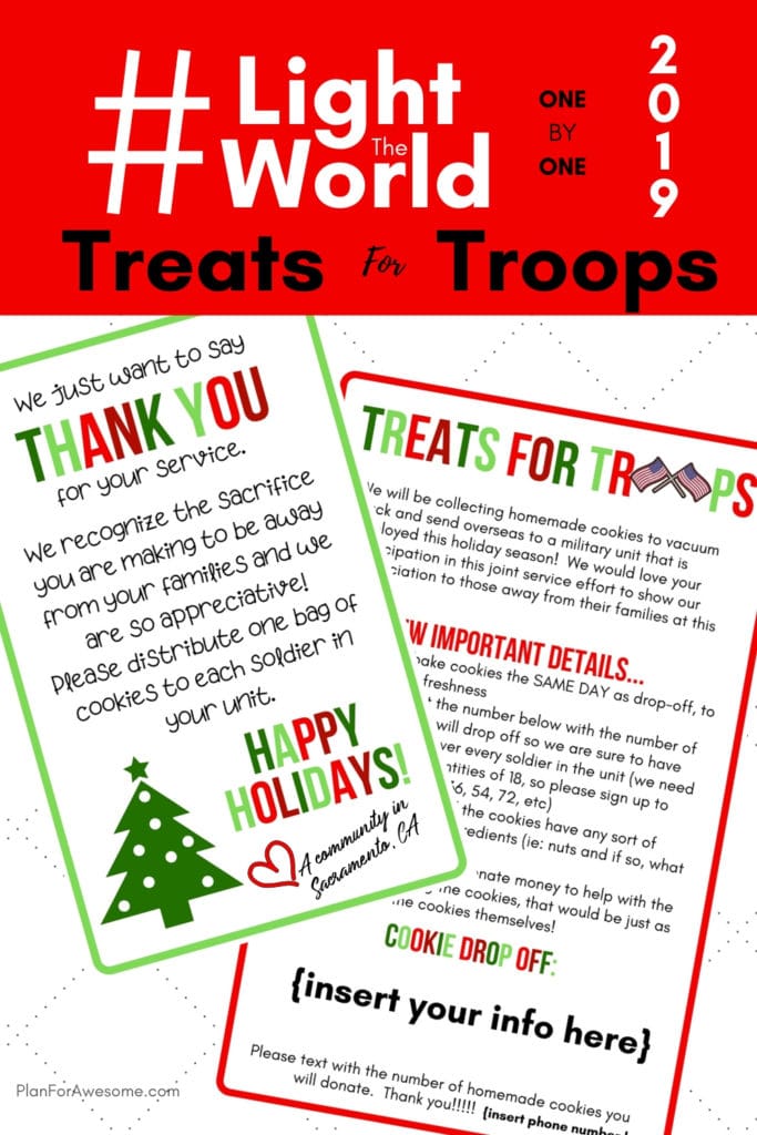 #LightTheWorld 2019 - Treats for Troops - Great idea to light the world this year! This girl is even willing to customize the flyer FOR FREE and her free printables are adorable!  Can't wait to do this with my ward! #LightTheWorld #LightTheWorld2019 #soldiercarepackage #freeprintables