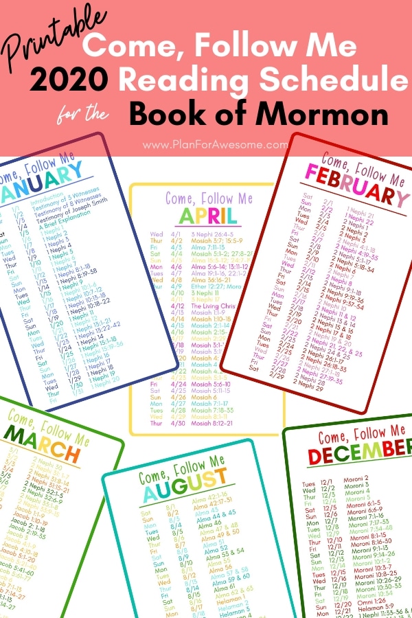 This bright, colorful, and easy to read 2020 "Come, Follow Me" reading schedule for the Book of Mormon is perfect.  You can even slip the whole set in your scriptures! #comefollowme2020 #CFMBookofMormon