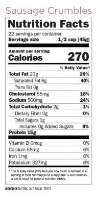 Thrive Life sausage crumbles nutrition label