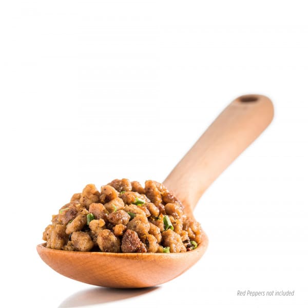 freeze dried ground beef from thrive life on a wood spoon.