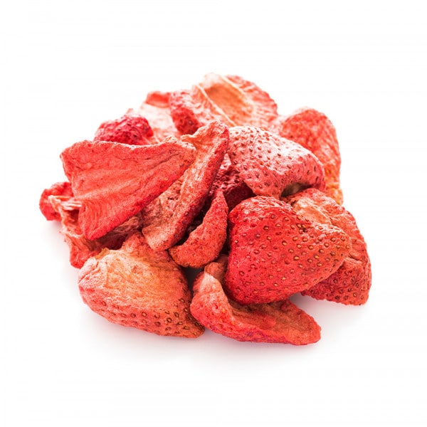 freeze dried strawberry slices on white background.