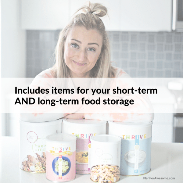 Woman with cans of long-term food storage in #10 cans