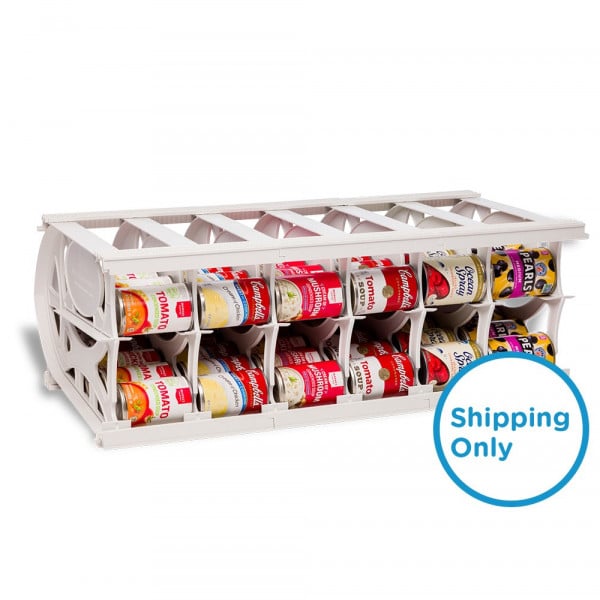 white pantry can organizer full of food cans