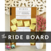 A picture of the ride board on a table with some flowers and some toy cars