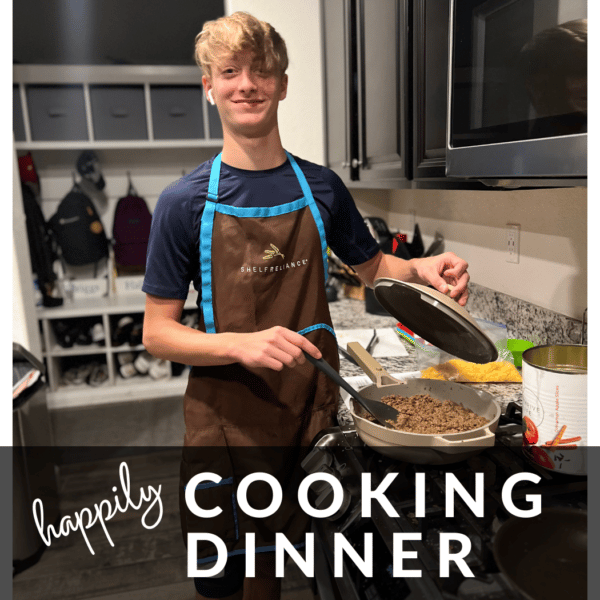 A teenage boy cooking dinner by himself to earn an hour of ride time on the ride board.