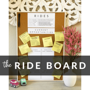 A picture of the ride board on a table with some flowers and some toy cars