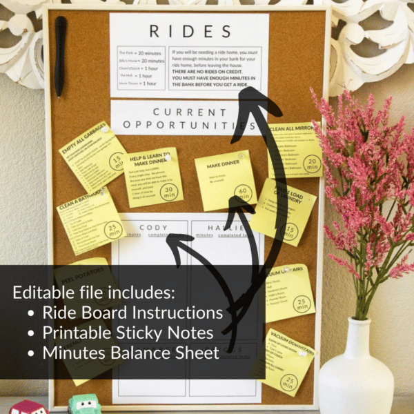 Purchase includes a file with: Ride Board Instructions, Printable Sticky Notes, and Minutes Balance Sheet