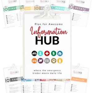 Plan for Awesome Information Hub title page on a clipboard with title pages surrounding it.