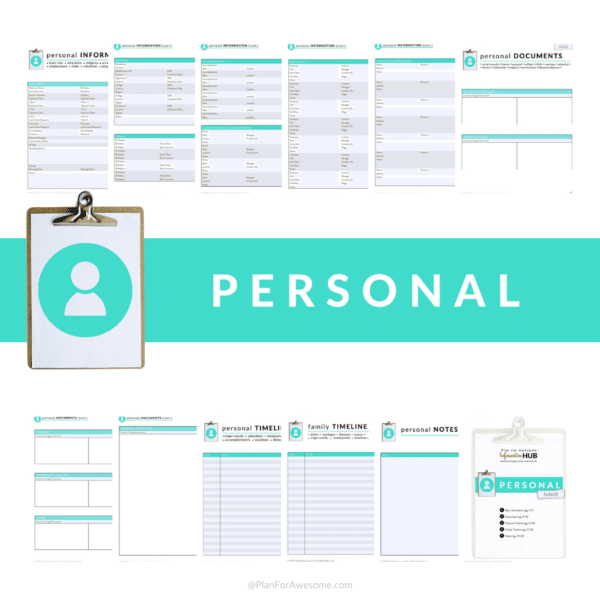 personal information pages from info hub emergency binder.