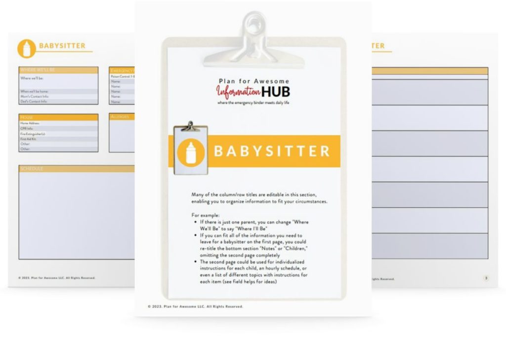 clipboard with all pages of babysitter section from info hub