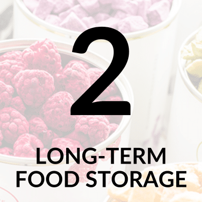Freeze Dried Cans of Food with title: Long-Term Food Storage