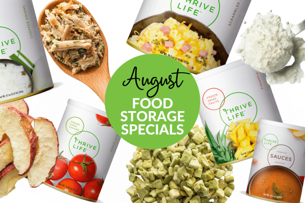 collage of 2024 Thrive Life August food storage specials.