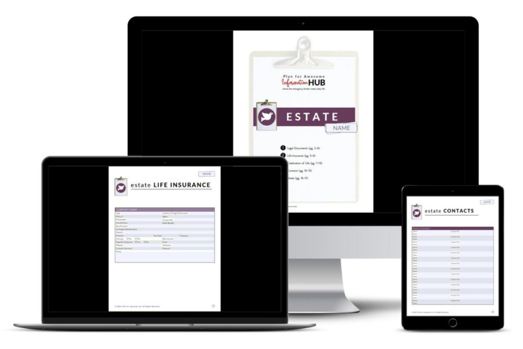multiple devices showing pages from estate planning section of info hub