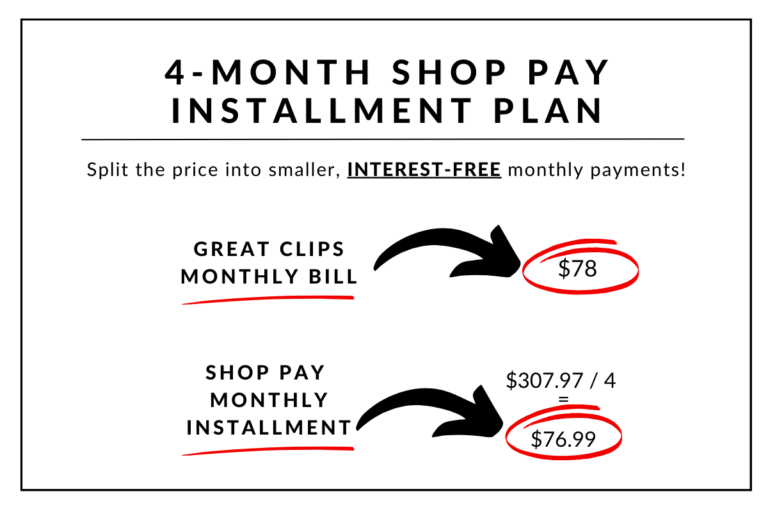 4-month SHOP PAY INSTALLMENT PLAN. Split the price into smaller, INTEREST-FREE monthly payments! Great Clips Monthyl Bill is $78, the Haircut Box monthly bill is $77.
