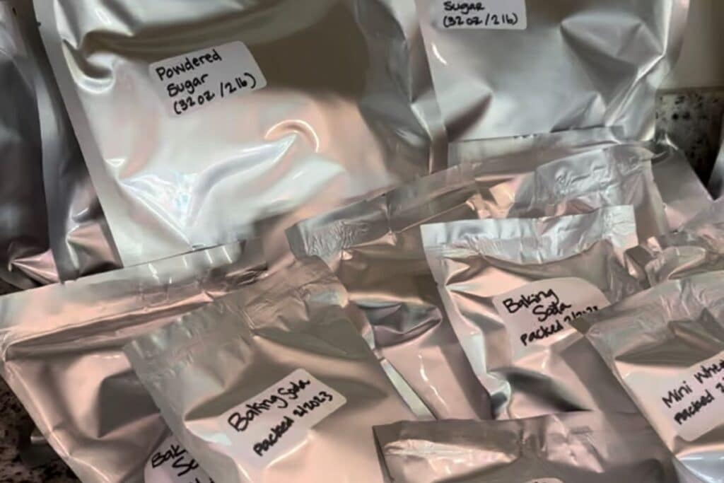 sealed mylar bags in a pile with food and date labels.