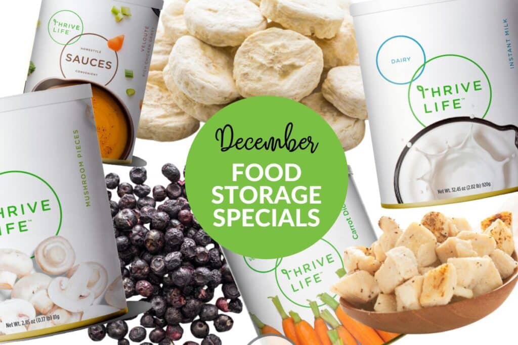 december thrive life specials collage with banana slices, blueberries, and chicken dices.