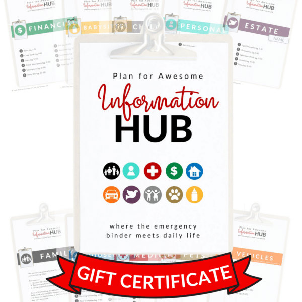 Plan for Awesome Information Hub title page on a clipboard with title pages surrounding it with the words, "Gift Certificate."