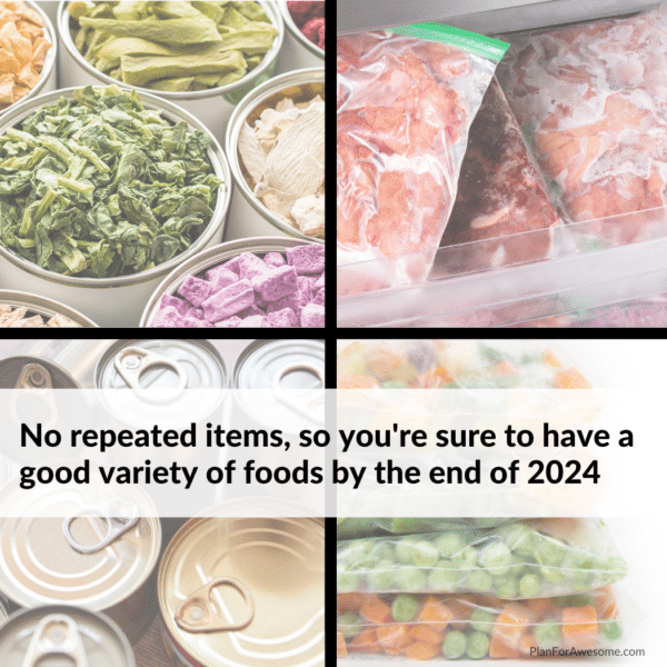 4 pictures of different types of food: freeze dried vegetables, meat in freezer, canned goods, and frozen veggies