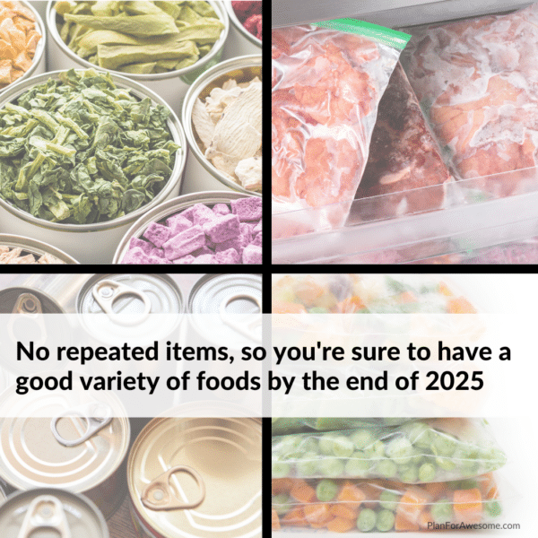 No repeated items, so you're sure to have a good variety of foods by the end of 2025.