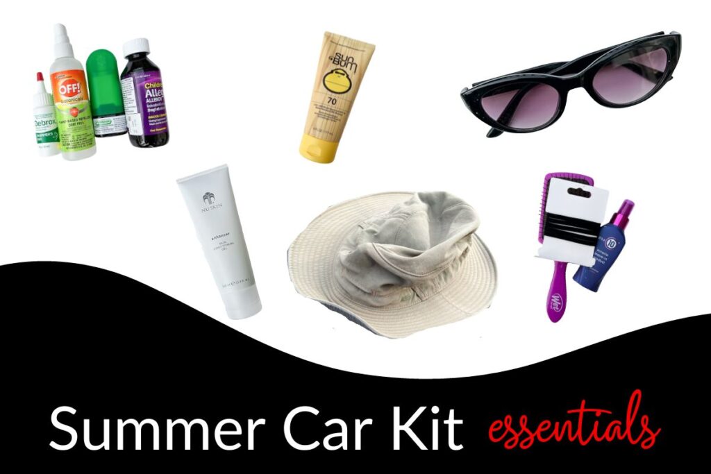 summer car kit essentials collage including sunscreen, sunglasses and allergy medicines.