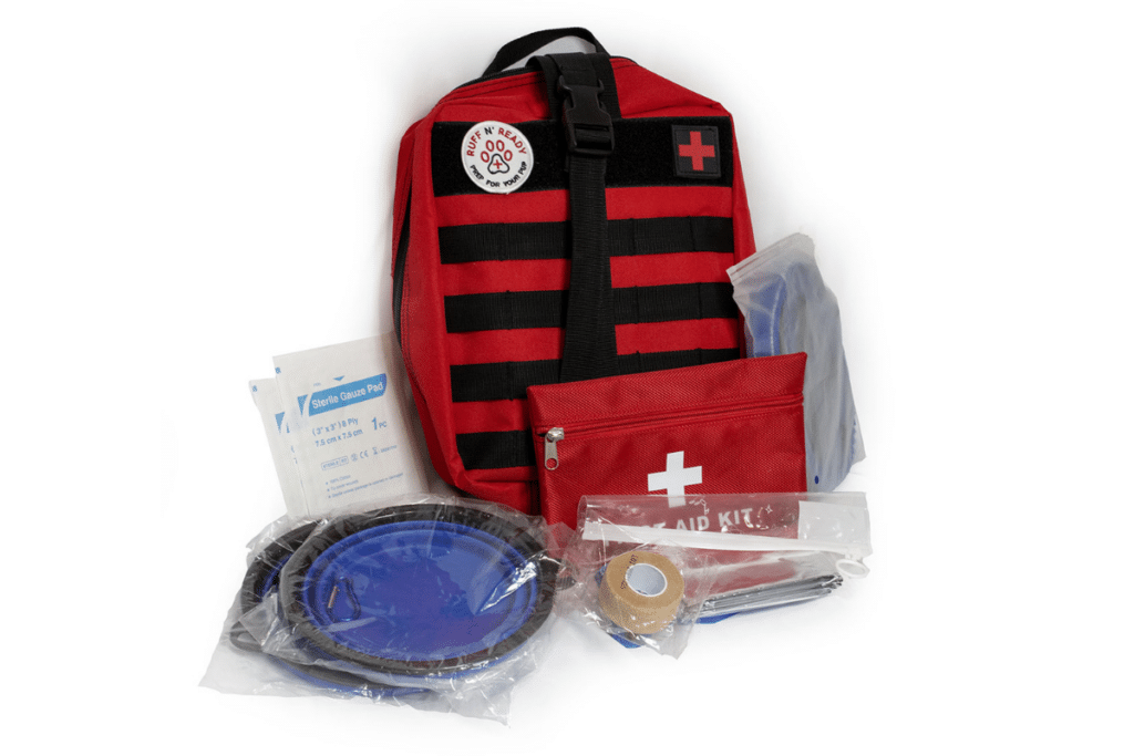 72-hour kit for a dog, collapsible food & water bowls, pet first aid kit, leash, etc.