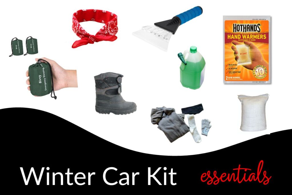 collage of winter car kit essentials like hand warmers, snow boots, bag of sand.