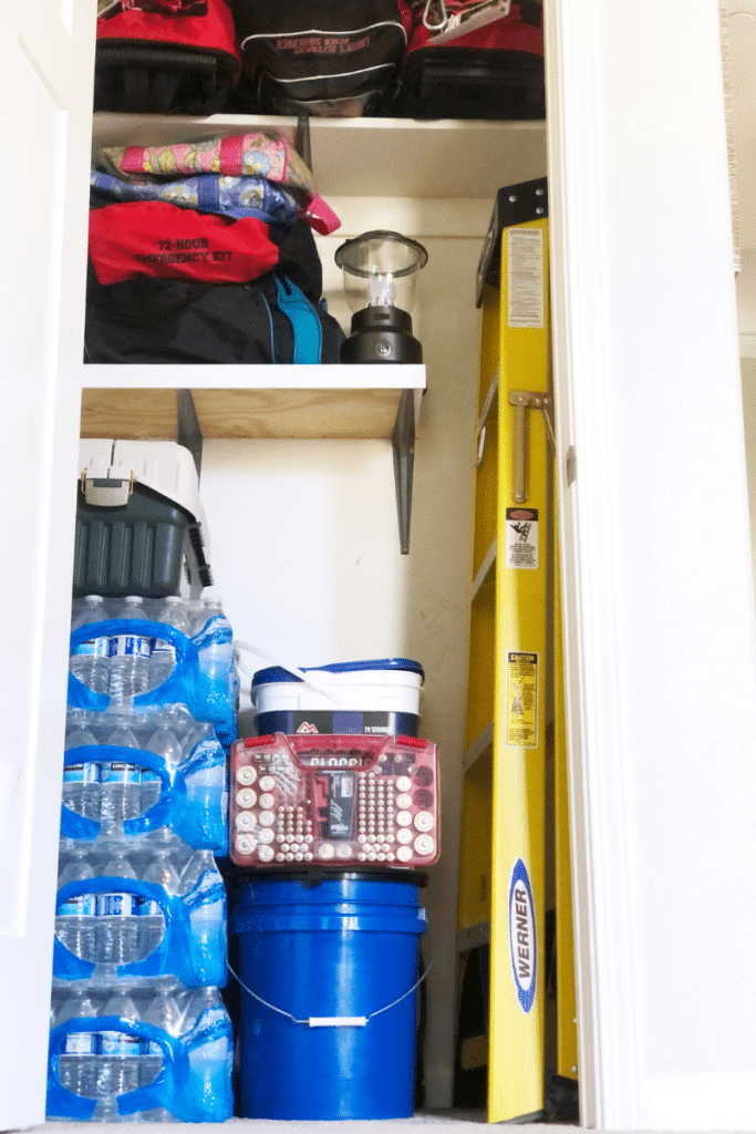 closet full of emergency preparedness items.