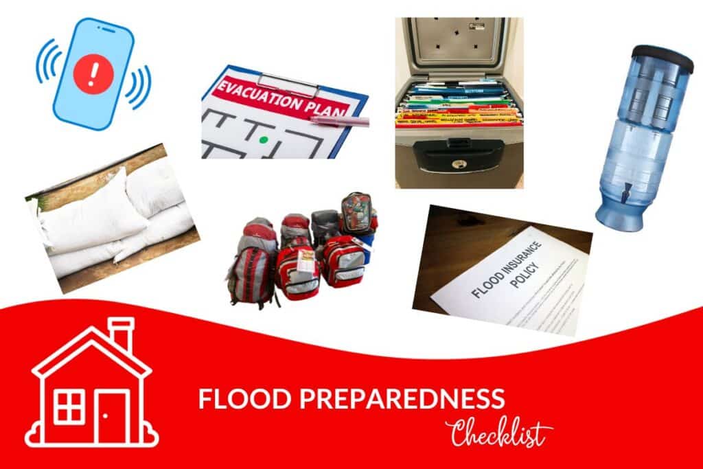 collage of several things to do to prepare for a flood like flood insurance, water filtration, emergency alerts.