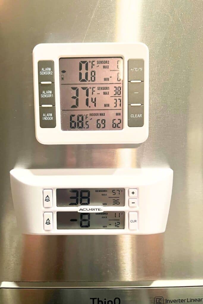 fridge thermometer on side of refrigerator to test inside temperature.