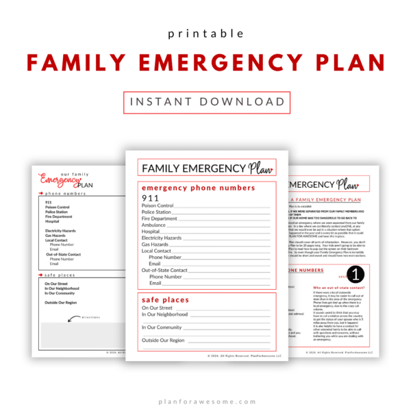 Mockup of all 3 printable pages of the Family Emergency Plan