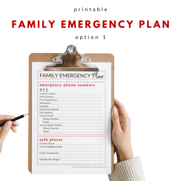 Mockup of Family Emergency Plan Printable on Clipboard