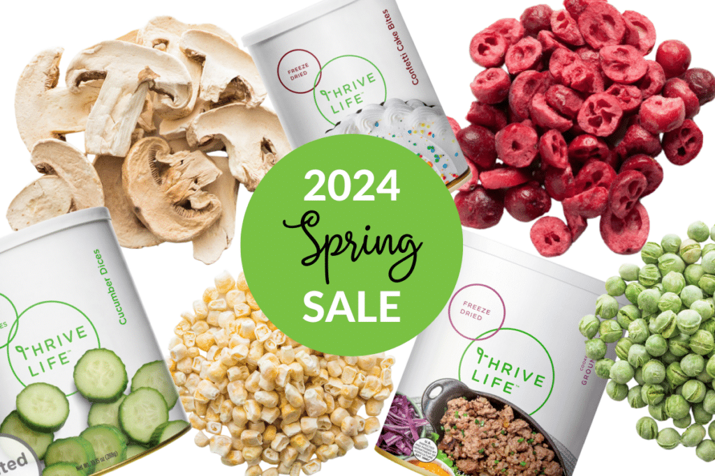 collage of freeze dried foods from the thrive life spring sale 2024.