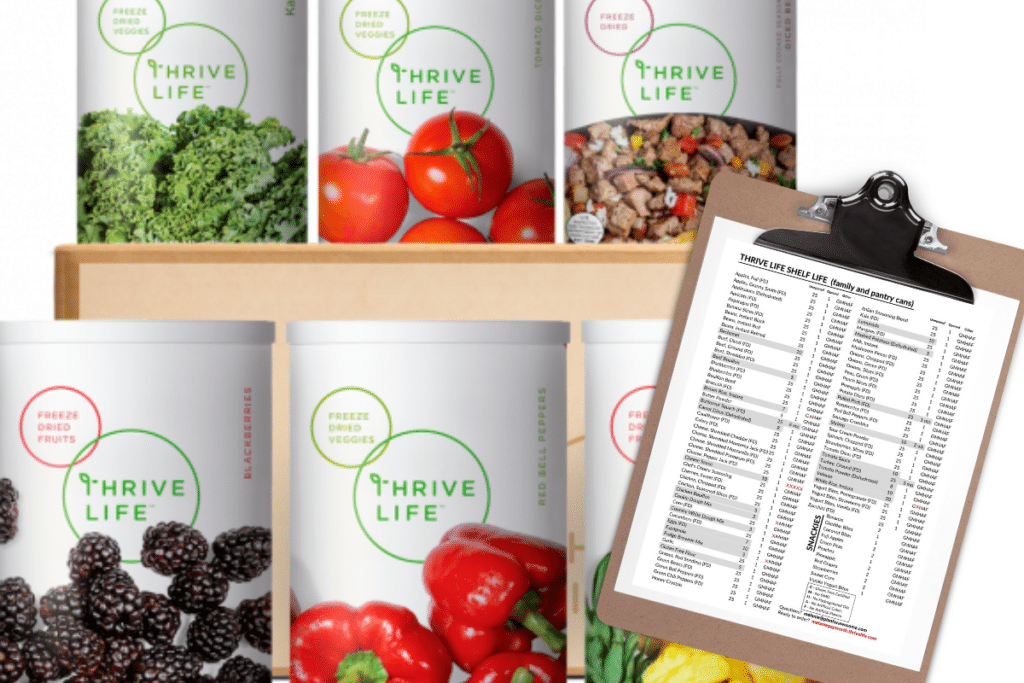 family cans of thrive life foods plus clipboard with shelf life printable.