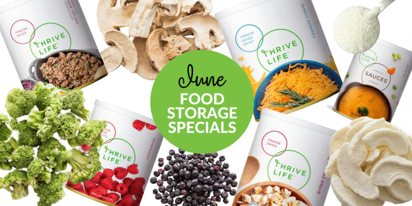collage of june thrive life food storage specials.