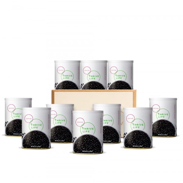 10 pantry cans of thrive life instant black beans.