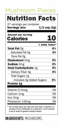 nutrition label for thrive life mushroom pieces #10 can.