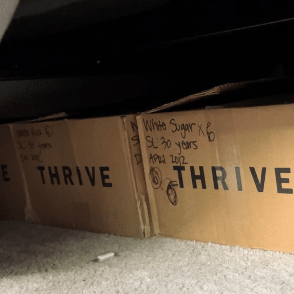 Boxes of long-term food storage under a bed.