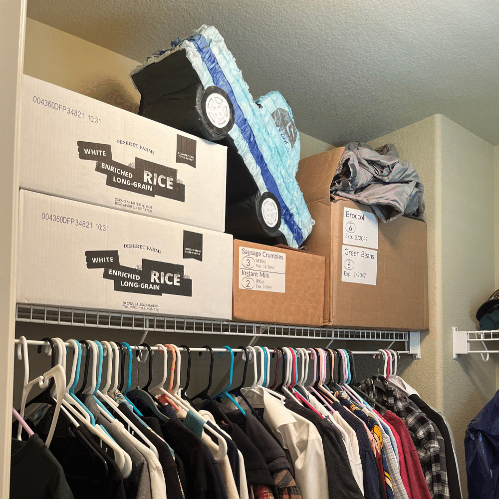 Boxes of Long-Term Food Storage on a closet shelf.