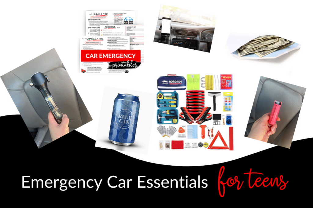 collage of car essentials for teen drivers.