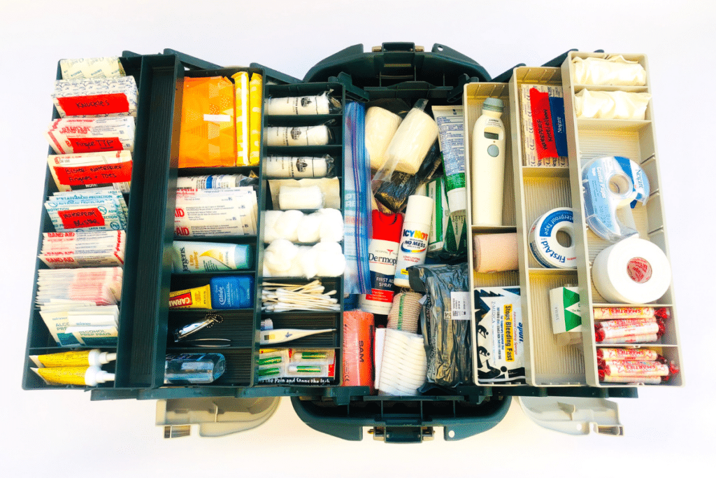 open tackle box first aid kit.